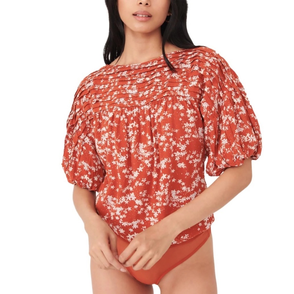 Free People Bodysuit Top Rust Orange Floral Blouse Women's Size XL